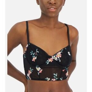 INC Women's Small Black Tropical Embroidered Lace Bustier Underwired Lingerie